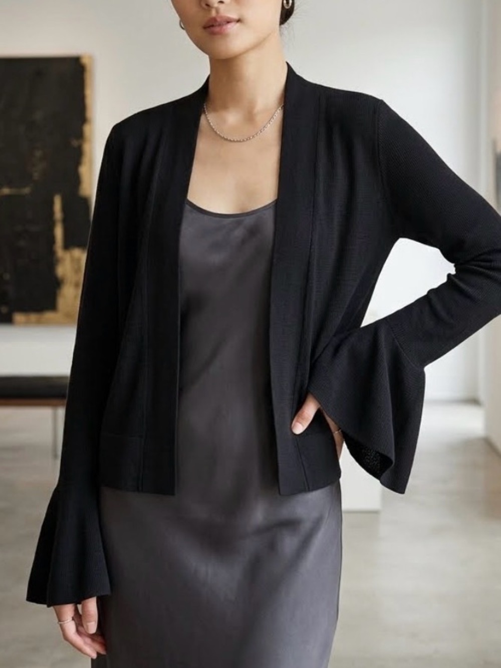 Cyrus Black Open Front Crop Cardigan Sweaters Fluted Bell Sleeve Layering 1778